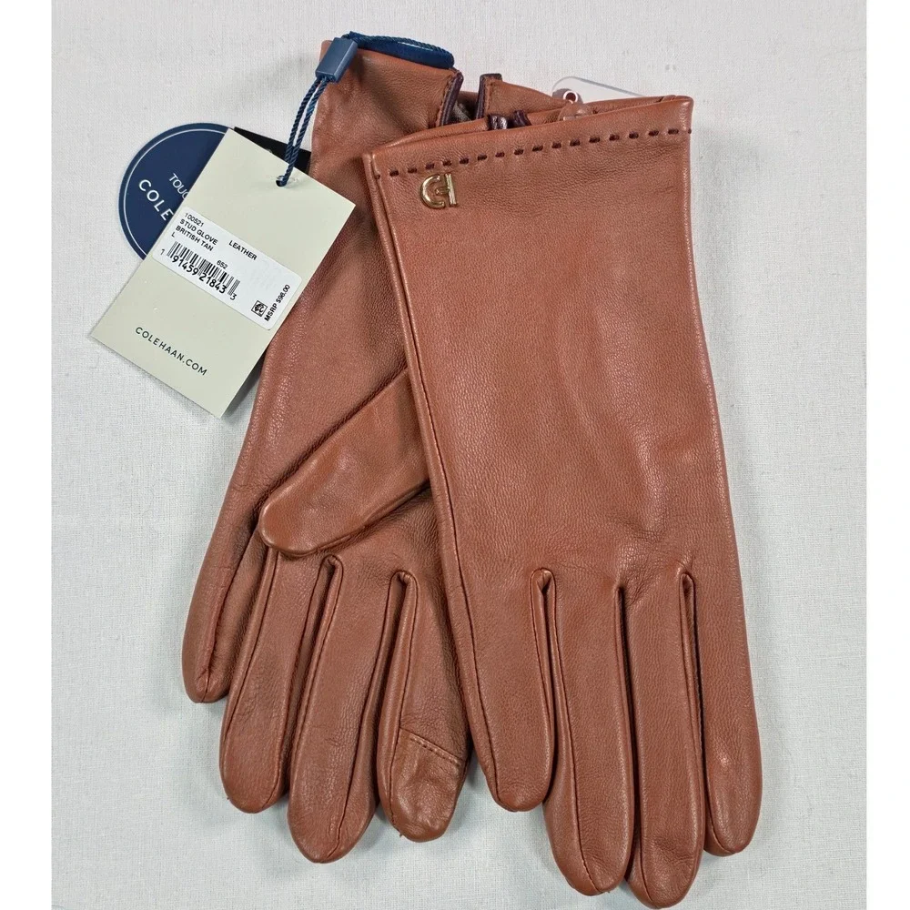 Cole Haan Women Glove Large British Tan Leather Stud Touchscreen 100521 NWT